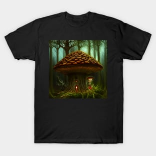 Magical Big Cottage Mushroom House with Lights in Forest with High Trees, Mushroom Aesthetic T-Shirt